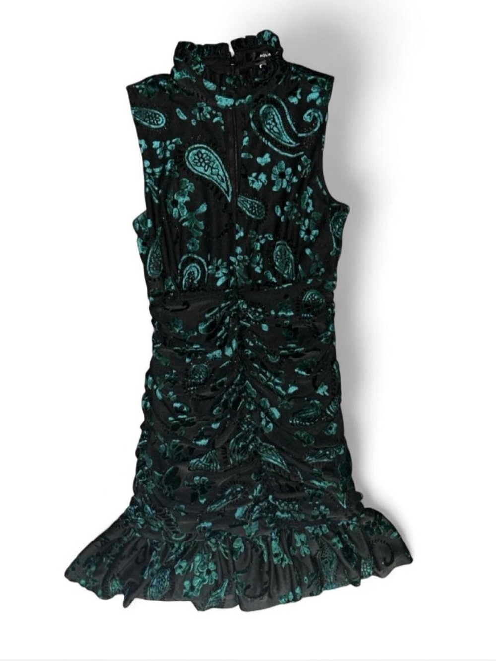 AQUA Black Teal Velvet Burnout Ruched Cutout Dress Size Small